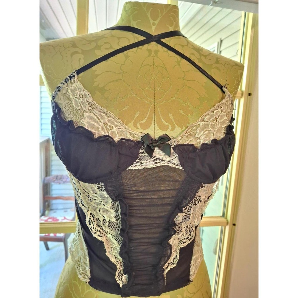 WhimsyGoth Black Ruffle Sheer Cream Lace Coquette Camisole Top Size XS